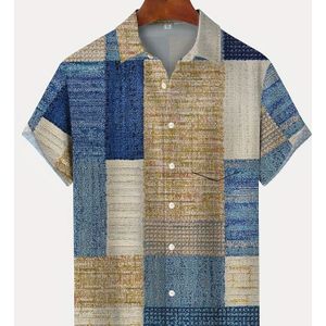 Vintage Geometrische Textuur Print Heren Korte Mouwen Overhemd met Knoopzak, PLUS MAAT