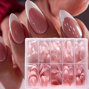 120 stuks Korte Amandel Franse Tip Plaknagels - Nude Roze & Wit Glanzende Volledige Bedekking Nepnagels Geschikt voor DIY Manicure & Salongebruik, Nagelaccessoires