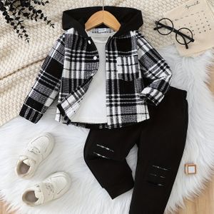 Herfst en Winter Buitenmode Hoodie Geruit Lange Mouwen Shirt + Gescheurde Ontwerp Kleur Lange Broek Set, voor Buiten