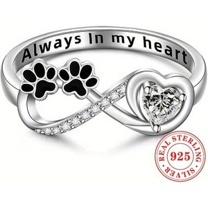 925 Sterling Silver Infinity Promise Ring With Synthetic Heart-shaped Zirconia April Birthstone, Cute Enamel Animal Paw Print For Women, Daily Party Accessory - 2.3g