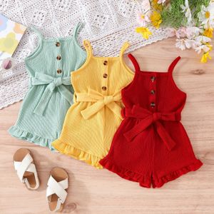 3-delige Baby Meisjes Zomer Outfit Set - Casual Mouwloze Ronde Hals Jumpsuits met Ruffle Zoom, Elegante Riem, Polyester 100% - Regular Fit, Geweven Stof, Kleur, voor Buiten