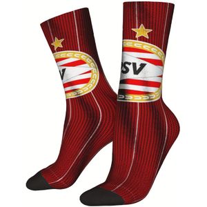 1 Paar PSV Voetbal Officieel & SV Lettering Compressiekousen - Rood-Wit Gestreepte Ademende Naadloze Crew Sokken voor Mannen & Vrouwen, Unisex Fan Kleding, Sport- en Casual (Origineel Cadeau)