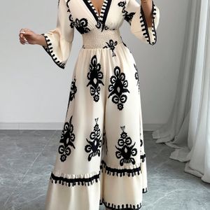 Vrouwen Elegante V-Hals Jumpsuit met Klokmouwen - Bloemenprint Overal, Machinewasbaar, Niet-Rekbare Stof, Van Casual tot Formeel