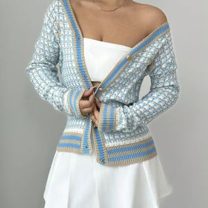 Elegante Color-Block V-hals Cardigan voor dames met knoopsluiting - Lichtblauw en Wit Kabel Lange Mouw, Stijl voor alle Seizoenen, Cardigan | V-hals Cardigan | Kabel Cardigan