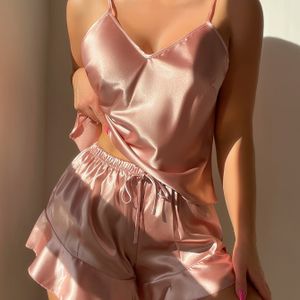 2-delige Pijjama-set met V-hals voor dames, sexy polyester nachtje, met , geschikt voor alle seizoenen