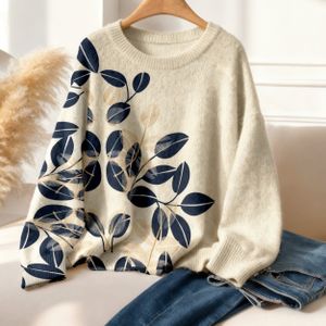 Dames trui met plantenprint en ronde hals in modieus beige met bladmotieven, zacht en veelzijdig voor alle seizoenen, geschikt voor zowel casual als formele kleding