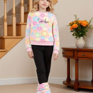 Meisjes Herfst- en Wintermode Warm Set met "Glimlach" Borduursel, Kleurrijke Bloemen Appliqué Fleece Jack en Wijdvallende Broek Outfit, Perfect voor Buiten
