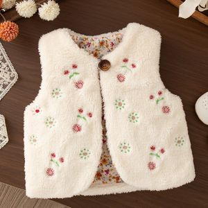 Meisjes' Zoete Geborduurde Witte Pluche Vest, Herfst- en Winterprinsessenjas voor Kleine Meisjes met Enkele en Klein Bloempatroon Modevest