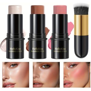 4-delige Waterdichte Crème Contour Stick Set - Highlighter, Blush & Bronzer met Kwast - Minder dan 1fl.oz Glanzende Medium voor Alle Tinten