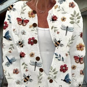 Casual 3D-print bloemen- en insect-sweater cardigan voor dames - herfst/winter, knoopsluiting, licht stretchende stof, herfst-winterkleding | bloemenprint cardigan | gebreide cardigan