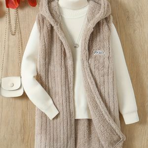 Gezellig & Warm Meisjes Lange Mouwloze Hooded Vest - Casual Fleece-Lijk Herfst/Winter Jas met Eenvoudig Borduurdetail, Dikke Pluche Textuur, Kleur, Comfortabel & Makkelijk te Onderhouden