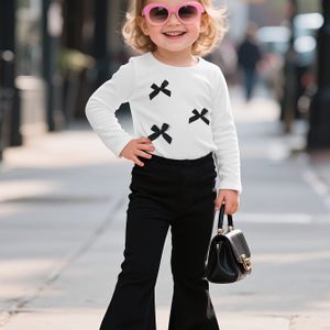 Meisjes tweedelige set met schattige strikdecoratie gebreide lange mouwen top en wijde broek, zacht en elastisch polyestervezel, modieus en casual herfst- en winteroutfit, ideaal voor buiten