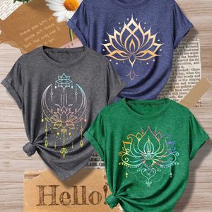 Three-piece Sister Set: Golden For Lotus Fashion Retro Style Casual Sporty Round Neck T-shirt For Spring, Summer, Autumn, And Winter - Sizes S-xxl