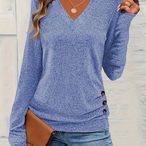 Elegante plus size dames lange mouw V-hals top met knoopdetails - Comfortabel gebreid voor herfst/winter, , asymmetrische , pullover stijl