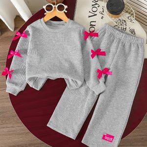 Meisjes Tweedelige Set: Kleur Ronde Hals Strikversiering Gebreide Lange Mouwen Top + Wijdvallende Enkellange Broek Casual Herfstoutfit, Ideaal voor Buiten
