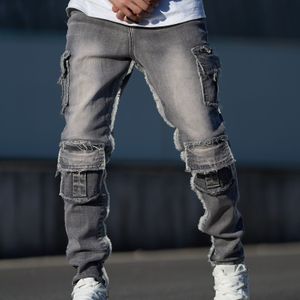 Heren Slim-Fit Heavy-Duty Jeans - Multi-Pocket Werkkleding & Streetwear Broek met Stretch, Riemlus Zakken - Blauw voor Casual & (Lente/Herfst) - Hip-Hop Stijl (Handwas/Droogreinigen) - Broek