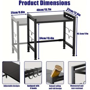 Extendable Black Kitchen Rack: 2 Tier Structure, 40 - 65 Cm, With 6 Hooks For Microwave Oven Holder, Utility Racks