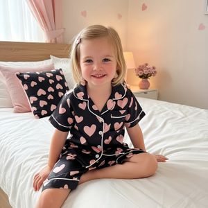 Schattige Roze Pyjamaset voor Meisjes met Liefdesprint, met Omgeslagen Kraag en Open Borst, Zakontwerp, Korte Mouwen en Shorts