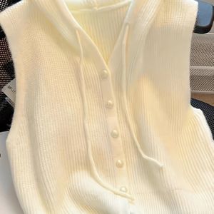 Vrouwen Mouwloze Capuchon Cardigan - Schattige Geribbelde Open Vest met Verstelbare Capuchon, Witte Laagje voor Casual Outfits, Geknoopte Voorkant Design, Duurzaam
