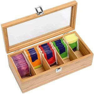 Bamboo Tea Storage Compartments With Acrylic Window - Lid Airtight Container For Tea Bags Organizer, Chinese Tea Accessories