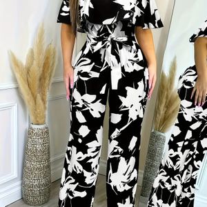 Stijlvolle Off-Shoulder Bloemenjumpsuit voor Vrouwen – Zwart-Wit Print, Wijd Pijpen met Strikband, Geplooide Mouwen, Machinewasbaar, Ideaal voor Zomervakanties, Bloemenprint Jumpsuit
