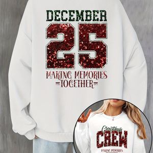 Dames Glitterende Kerst Hoodie met Nummer 25 Rugprint & Ronde Hals - Zachte Losse Sweatshirt voor December Verjaardagen, Feestdagen, Familiefeesten - Wit & Rood Pailletten Trui Cadeau