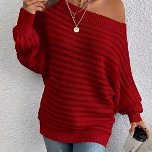 Vrouwen Off-the-Shoulder Gestreepte Trui - Zachte Rekbare Pullover voor Herfst Winter, Elegante Donkergroene & Bruine Top, Handwas/Droogreinigen, Sweater