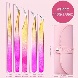 5-delige Professionele Roestvrijstalen Wimperverlengingsset met Gradiënt IJscrack Design & Antislip Handvat - Gecoate Tweezers Set (Recht & ) voor DIY Wimperlijm Applicatie, Nazorg en