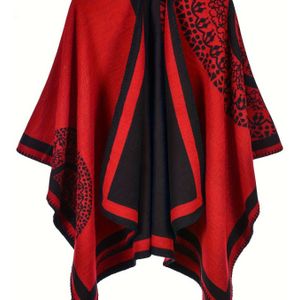 Plus Size, MARRYHAPPY Dames Plus Size - Geïnspireerde Dubbelzijdige Kraag Cape Jas - Rood/Zwart/Wit Bloemenprint Jas, Winterwarmte voor Kantoor & Casual , Mouwloze Bovenkleding (Geen Knopen)
