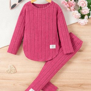 2-delige Geribbeld Pak Meisjes Lange Mouw Zoom Top + Broek Set - Lente & Herfst Kleding, Meisjes Casual Outfits voor Buitenactiviteiten