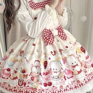 1pc Lolita Stijl Schattige Overalls Jurk | Vierkante Hals, Dierenpatroon, Strik Detail, Geschikt voor Festival Feesten en Valentijnsdag Cadeaus