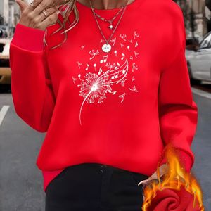 Dames Lange Mouwen Ronde Hals Sweatshirt met Paardenbloem Muzieknoot Print, Elegante Gebreide Stof, Polyester, Fashion Pullover voor Alle Seizoenen