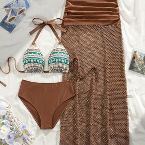 Stijlvolle Plus-Size 3- Bikini Set met Haakdetail - Inclusief Hoge Taille Badpak, Gestreepte Haltertop & Mesh Rok Cover-Up, Machinewasbaar, voor Vrouwen, Hoge Taille Bikini Set