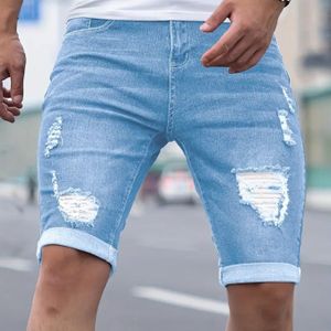 Herren Slim-Fit Stretch Denim Shorts met Distressed Knie Scheuren - Mid-Rise Casual Zomer Jeans, Lichtblauw Gewassen Denim voor Casual Outfits, Comfortabele Mode, Duurzaam Stof