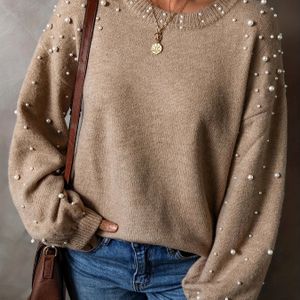 Vrouwen Elegante Beige Kabeltrui met Sprankelende Versieringen - Gezellige Ronde Hals, Lange Mouwen, Perfect voor Herfst & Winter, Stijl, | Sprankelende Versieringen | Textuur