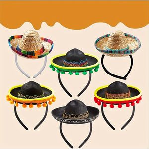 6pcs Festive Mini Sombrero Hats With Headbands, Colorful Mexican Fiesta Party Supplies, Fabric And Straw Wide Brim Hats For Fun Decorations & Photo Props