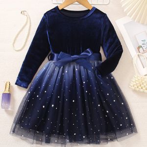 Meisjes Mode Kleur Ronde Hals Lange Mouw Strik-Taille Mesh Strakke Top Losse Rok Knie-Lengte Jurk voor Lente en Herfst Feest