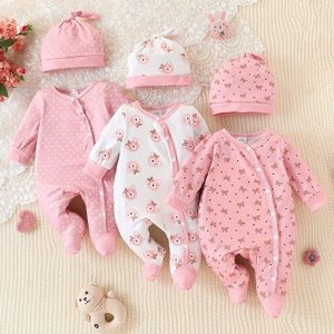 6-delige Kinder Romper Set - Schattig Beer + Stippen + Strik Cartoon Print, Zacht en Comfortabel, Geschikt voor Alle Seizoenen, Ideaal voor Buitenshuis