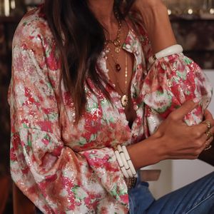 Vrouwen Blouse met Bloemenprint en Pofmouwen - Elegante Ronde Hals voor Avonduitjes & Casual , Pasvorm H-Silhouet, Handwas/Droogreinigen, met Bloemenprint, Vakantiekleding, Kleding