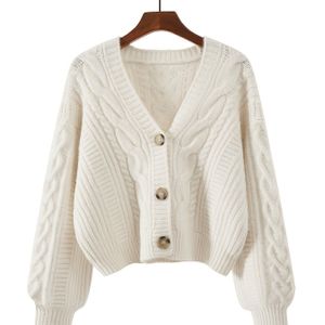 Elegante V-hals kabeltrui voor dames - loszittende, korte mouw, lange mouw trui met knoopsluiting voor herfst en winter, herfst-winterkleding | trui | kabelpatroon