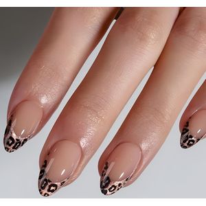 30 stuks herbruikbare press-on nagels - Glanzende luipaardprint & Nude Roze French Tip Design, Medium Korte Amandelvorm, Gemengd Kleurensysteem, Perfect voor Vrouwen &