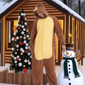 Bruine Beer Volwassen Mannen Fleece Cartoon Onesie, Verdikte Dieren Onesie voor Herfst en Winter, Kapuchon Warme Pyjama, Halloween Kostuum, Kerstfeest Jumpsuit.