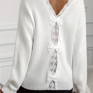 Elegante V-hals acryl pullover trui voor dames, lange mouw kleur gebreide stof top met strikdetail op de rug, kant strik accent trui