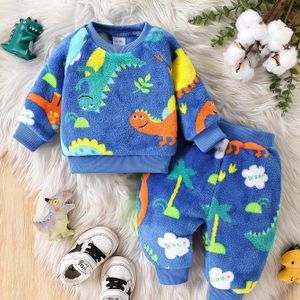 Een schattige hoodie en joggingbroek set met dinosaurusprint voor baby's, perfect om peuterkindjes warm te houden tijdens de herfst- en winterseizoenen, voor buiten.