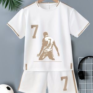 Aangepast 2- Sneldrogend Voetbalpakket voor Jongens, Wit met Gouden Nummer 7, Voetbalshirt en Vochtregulerende Shorts voor Training en Wedstrijden, Buiten, 5 Maten Beschikbaar