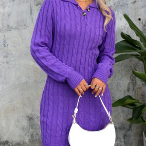 Elegante gebreide kabeltrui jurk voor dames - Mini uitlopende pasvorm, lange mouw, kleur, knoopsluiting, acryl, gebreide stof, geen bh-vulling, herfst/wintercollectie