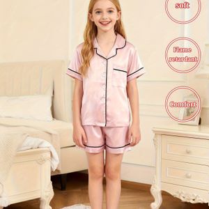 2- Set Kinderen Casual Eenvoudige Kleur Comfortabele Korte Mouw Vest met Opstaande Kraag Top en Shorts Pyjama Set voor de Zomer
