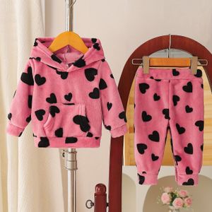 Schattige Kinderen 2- Set, Liefdespatroon Plus Fluweel Hoodie Pluche Pak, Kinderen Herfst en Winter Bontpak, Dagelijks/Vakantie/Feest Gebruik Kleding voor Baby's en Meisjes