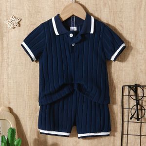 2-delige Zomerse Shorts Set voor Jongens met Poloshirt - Marineblauw & Gestreept, Button-Up Kraag, Medium Stretch Stof, Casual Zomer Outfit, Perfect voor Buitenactiviteiten