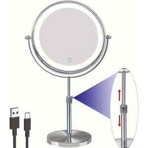 8" Verlichte Make-up Spiegel met Vergroting, 3 Lichtkleuren, Verstelbare Helderheid & Hoogte, 360° Rotatie, 10X Vergrotende Spiegel met Licht, LED Kapspiegel voor Vrouwen - Chroom